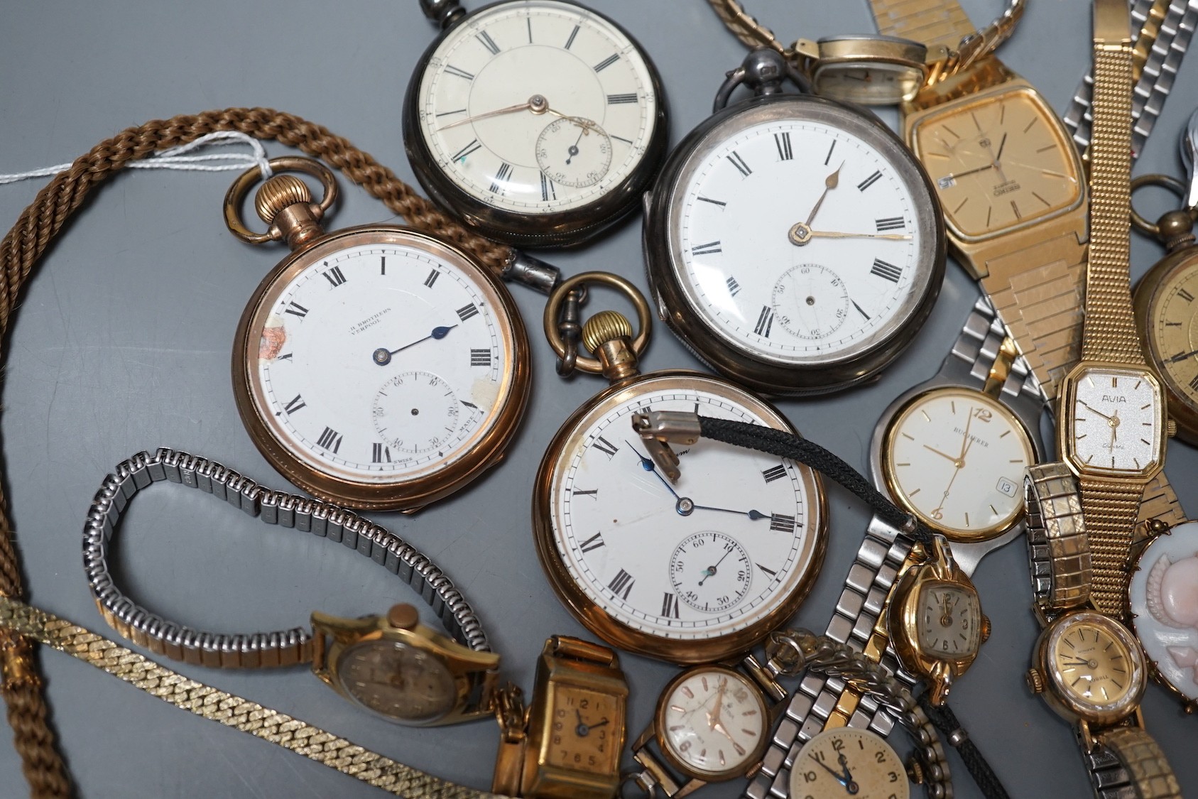 Four assorted pocket watches including tow silver and two gold plated, a brass cased fob watch and a group of sundry lady's and gentleman's mainly modern wrist watches, including Pulsar.